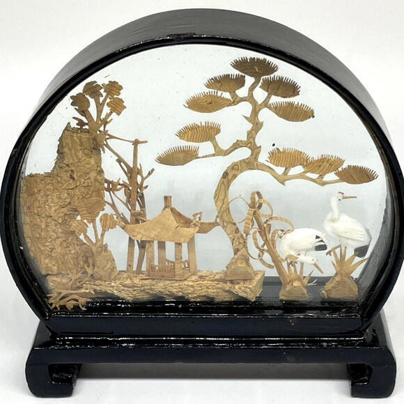 Other - Vintage Chinese Cork Diorama 4" Art in Glass Shadow Box Lacquer‎ Frame Glass